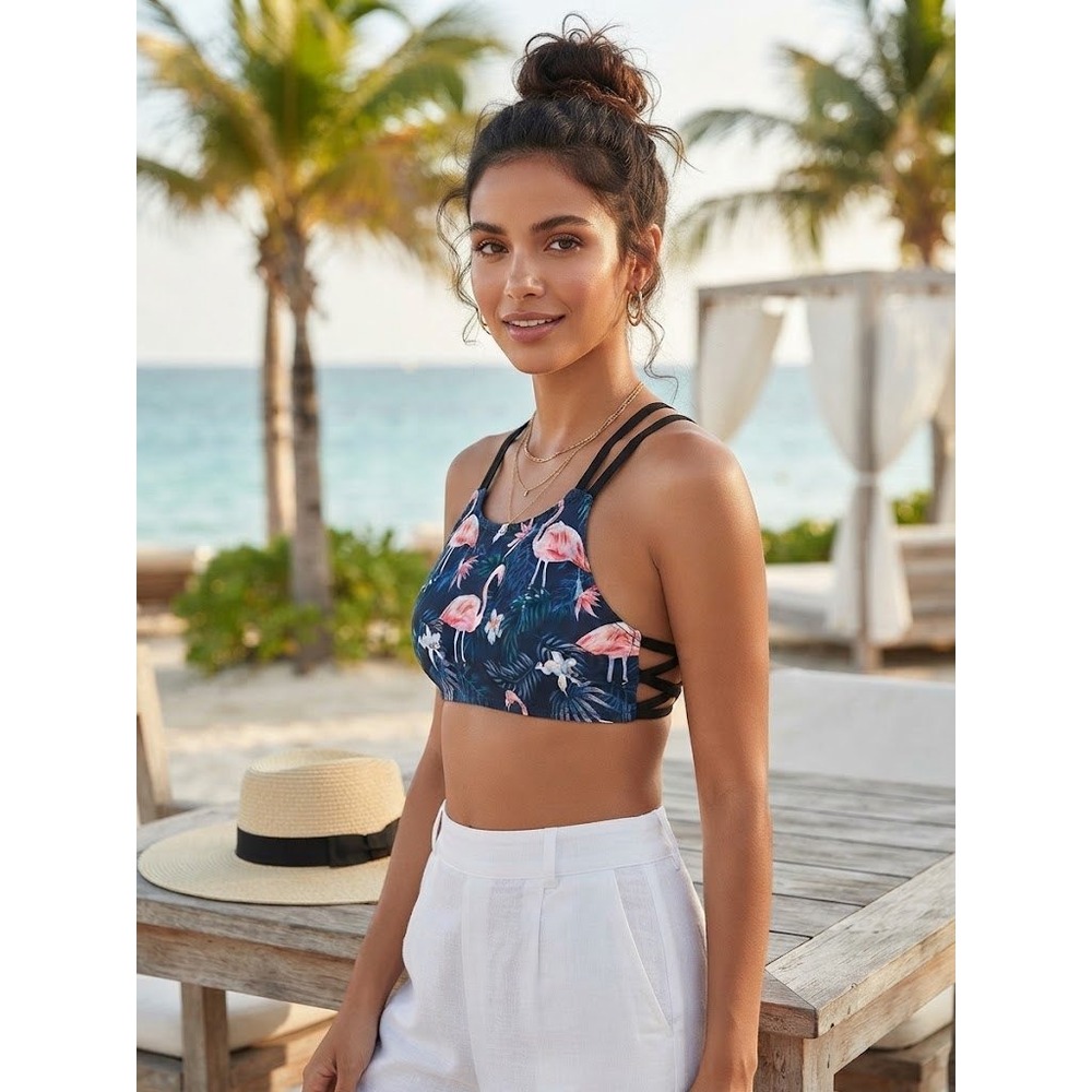Boho Style Bikini Top Women S Navy Pink Excellent Flamingo Tropical Strappy Back